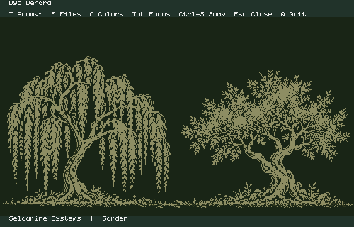 Willow and olive trees in Dyo Dendra's empty workspace