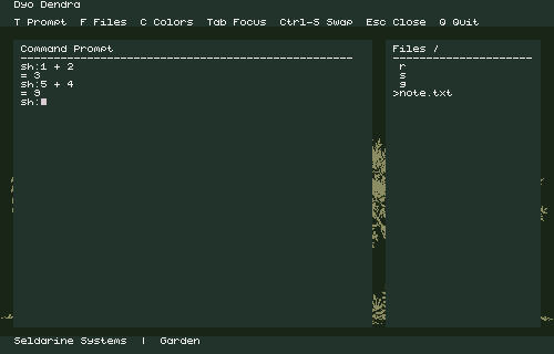Dyo Dendra running in Seldarine, with Command Prompt and Files tiles